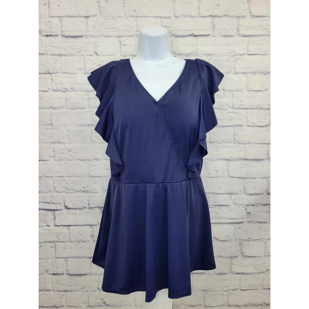 12R NAVY A375170 Denim & Co. Beach Wrap Front Swim Dress with Ruffle Detail
